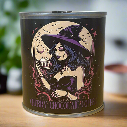 Single tin of coffee, with an illustration of a witch on the front wearing a black hat purple band.  Wearing a purple corset.  
A moon silhouette in the background 